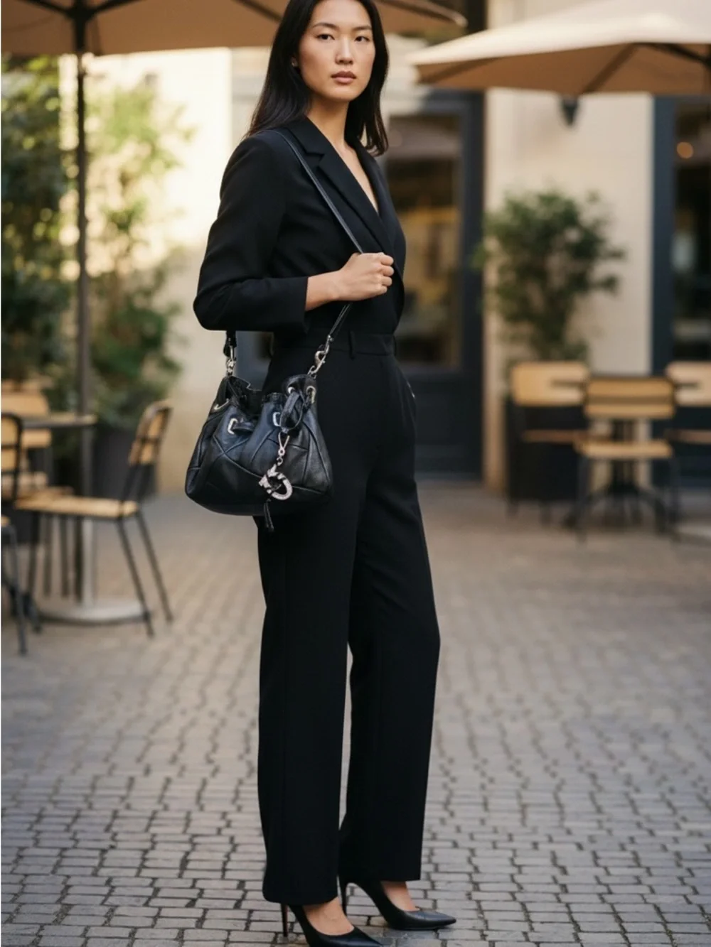 Bébé Black Leather Drawstring Hobo Bag